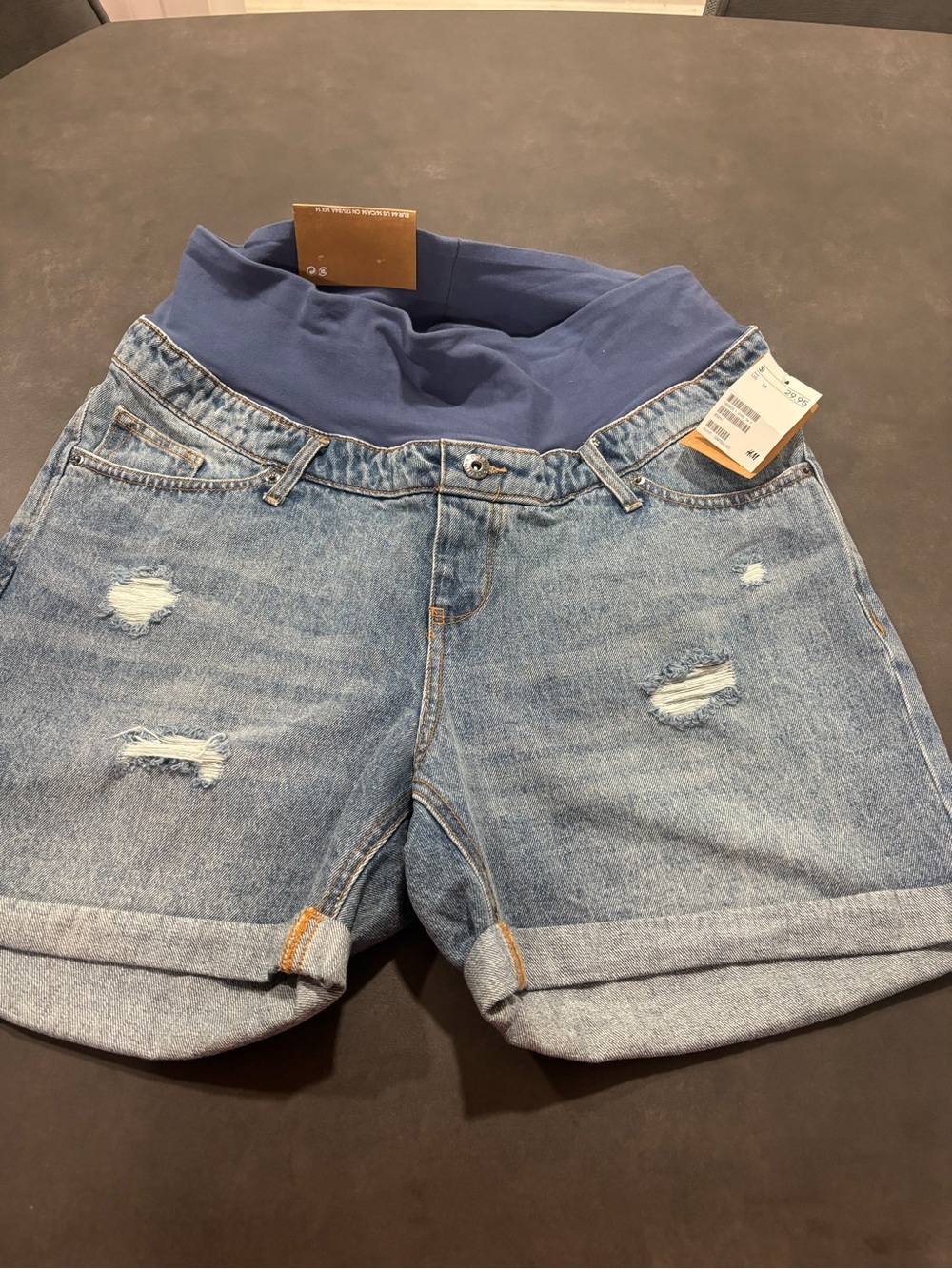 H&M Light Blue Distressed Denim Maternity Shorts with Navy Waistband